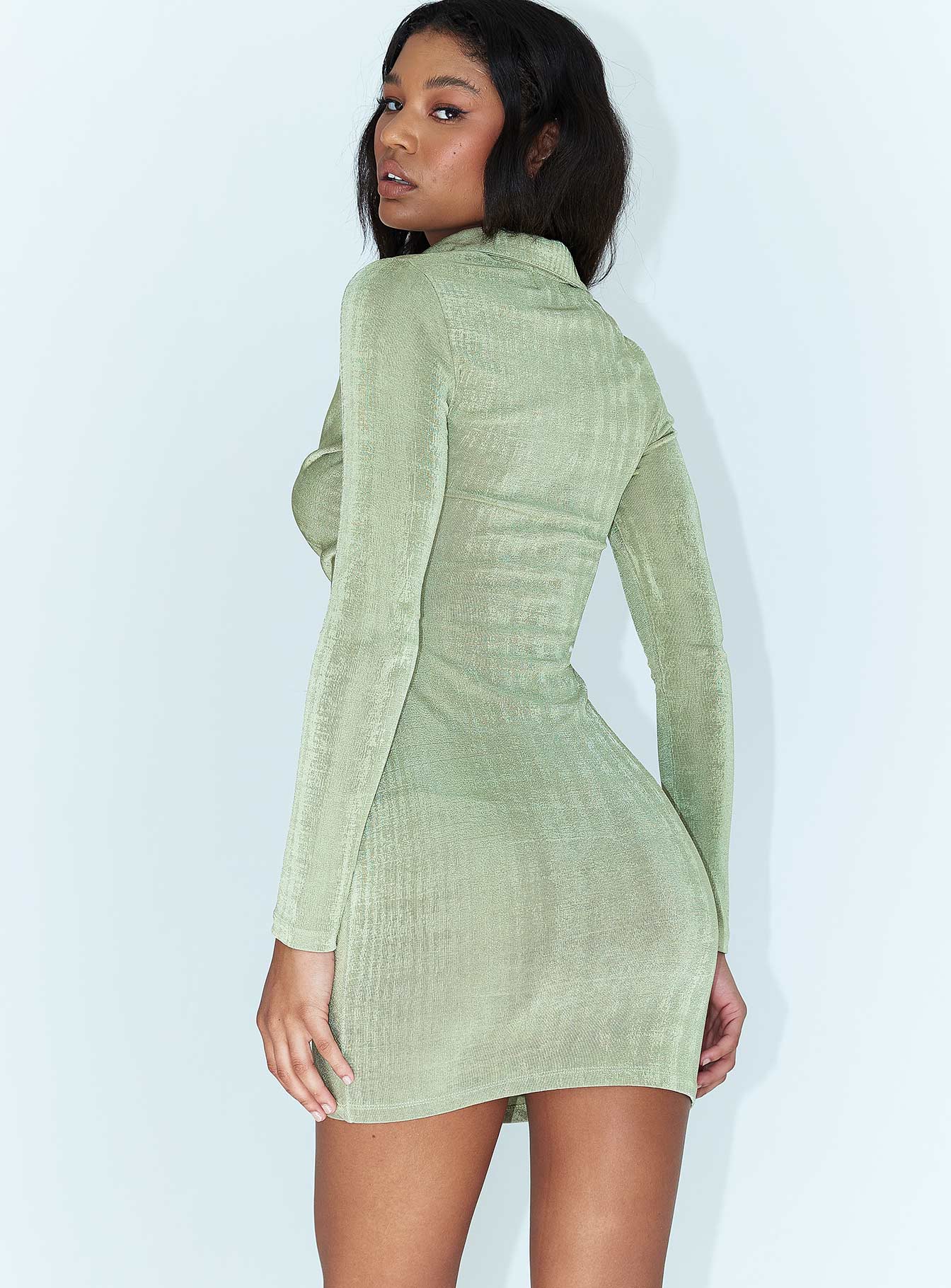 back view of model wearing Princess Polly Power Of Love Mini Dress Green 