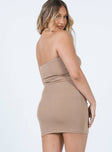 back view of model wearing Princess Polly Charm Strapless Mini Dress Brown 