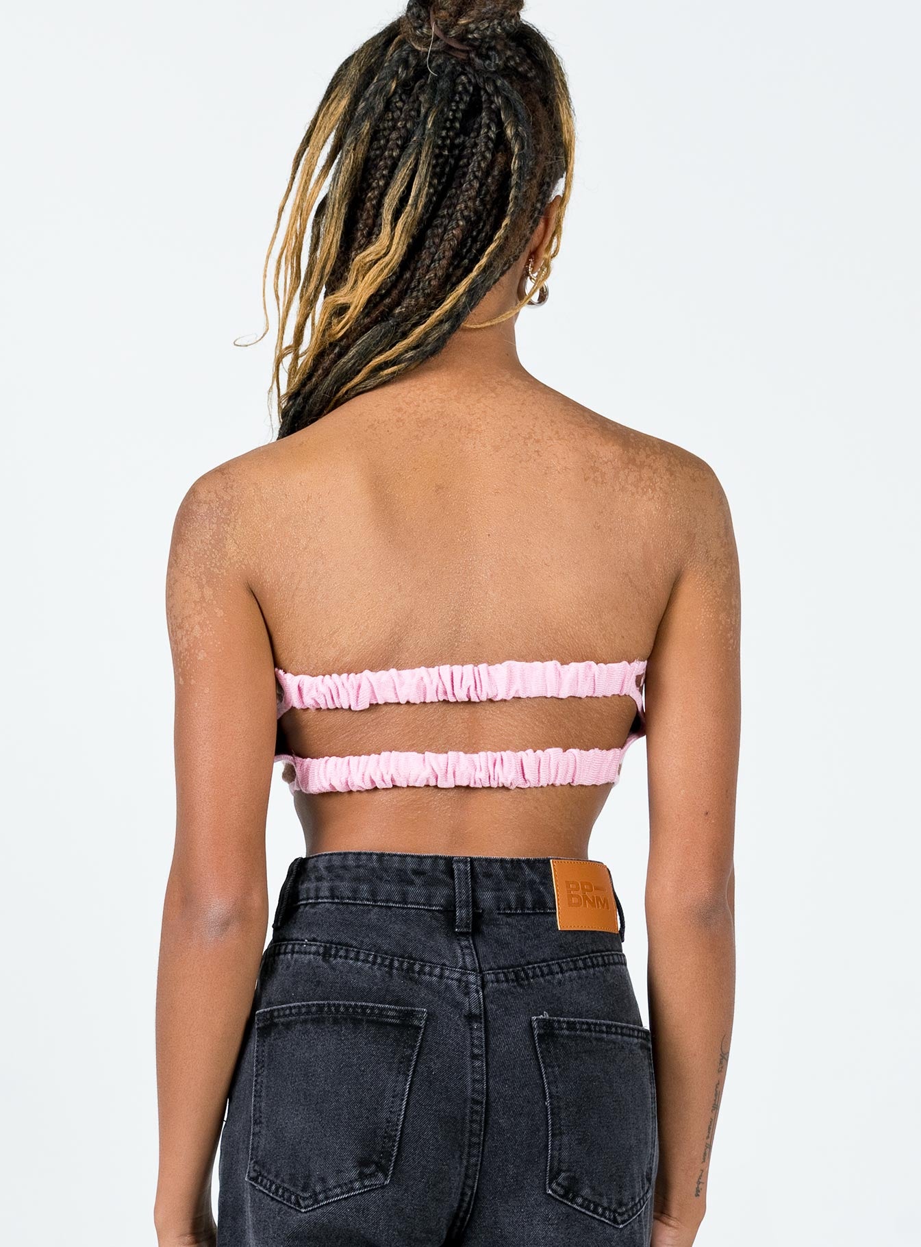 back view of model wearing Princess Polly Fabian Strapless Top Pink Multi 