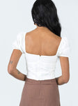 Top Lace detailing Elasticated shoulders  Puff sleeves Gathered bust  Faux button front  Zip fastening at back 