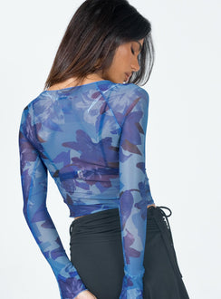 back view of model wearing Princess Polly Suzy Long Sleeve Top Blue 