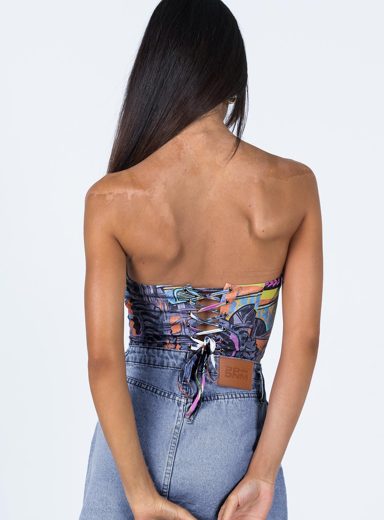 back view of model wearing Princess Polly Speed Racer Top Multi 