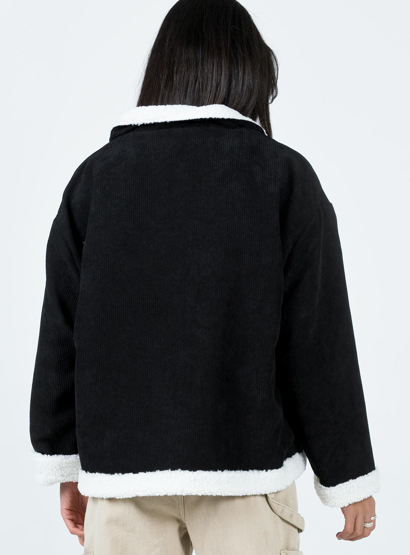 Jacket Corduroy material Faux fur lining & trim High neck Zip & button fastening at front Twin hip pocket