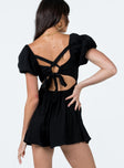 Romper Muslin look material Square neckline Puff sleeves Padded bust Tie fastening at back Elasticated back band