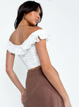 White crop top Frayed material  V neckline Frill shoulders  Invisible zip fastening at side 