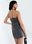 back view of model wearing Princess Polly Starry Pin Stripe Mini Dress Grey Scoop Neck 