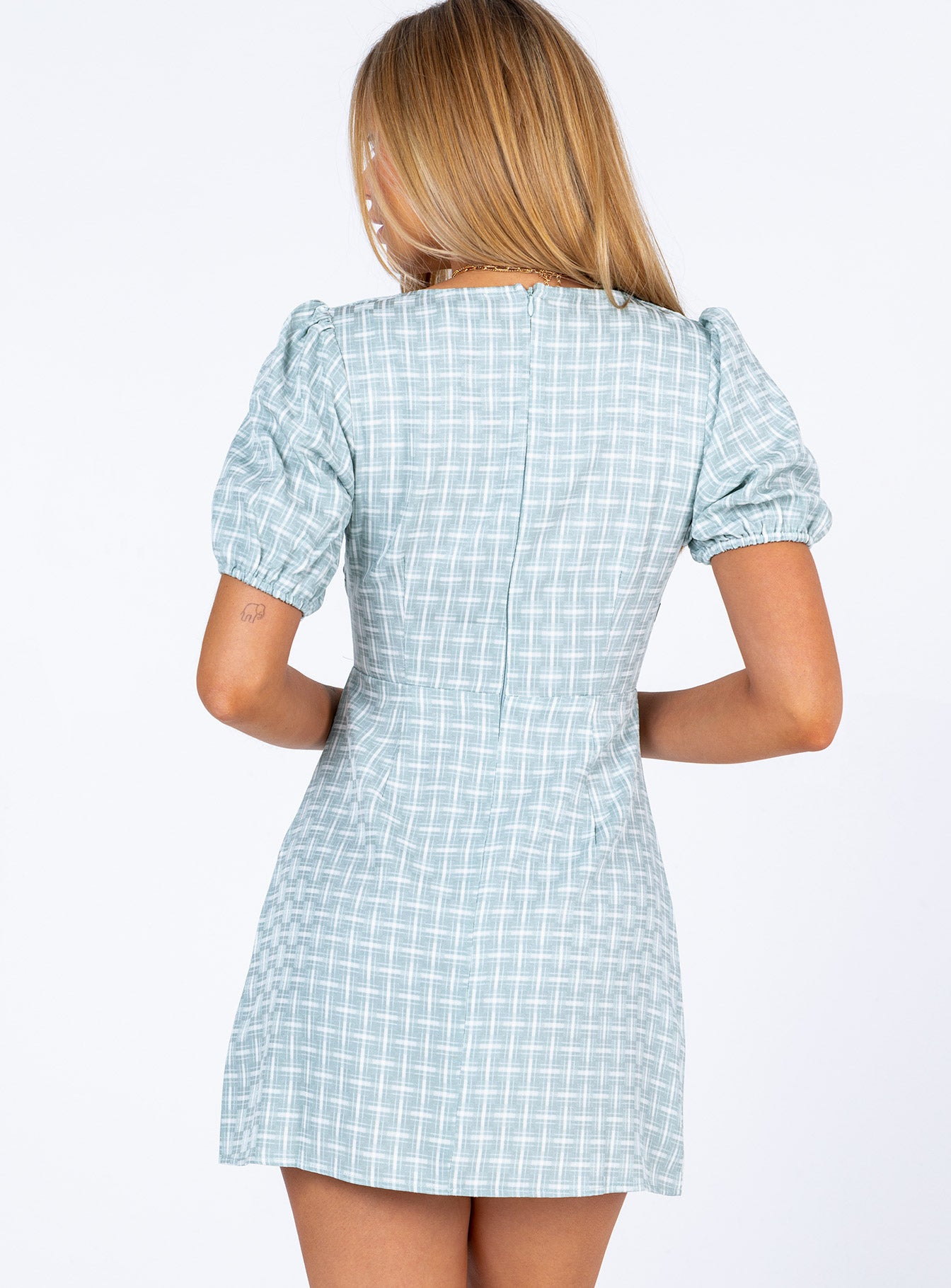 back view of model wearing Princess Polly Skylar Rose Mini Dress Green 