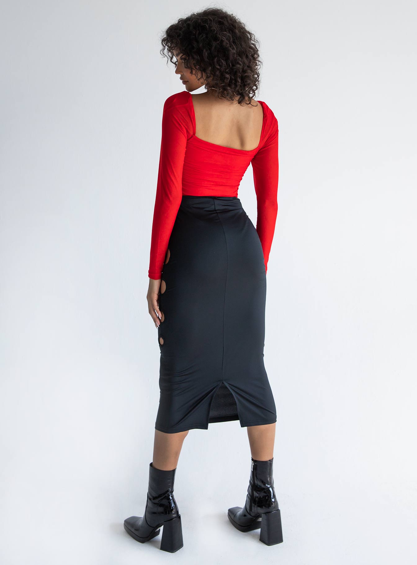 back view of model wearing Princess Polly Alice Keyhole Maxi Skirt Black 