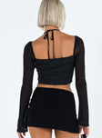 Black long sleeve crop top Halter neck tie Wired cups  Ruching at bust Sheer mesh sleeves  Invisible zip fastening at side