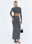 Matching set Sparkly material Long sleeve top Square neckline Maxi skirt Leg slit