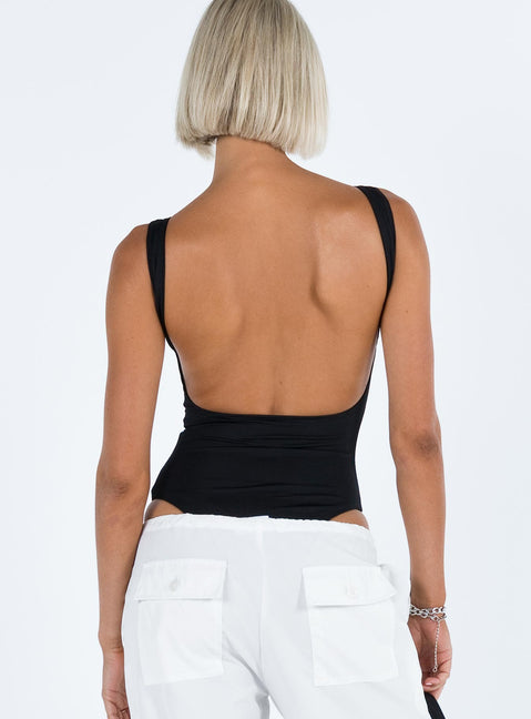 back view of model wearing Princess Polly Coomba Backless Bodysuit Black Sleeveless Scoop Neck 