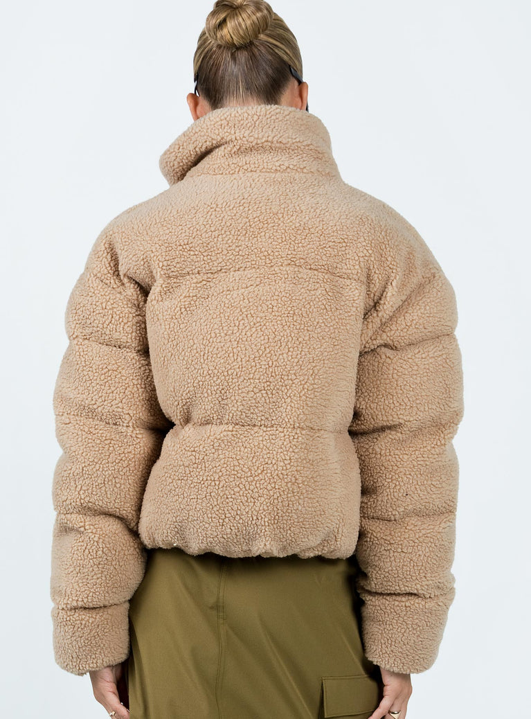 Only roll neck teddy fleece jacket in beige