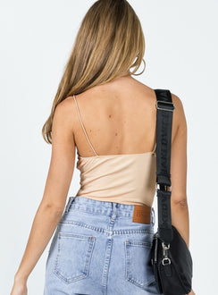back view of model wearing Princess Polly Dex Bodysuit Beige Sleeveless Plunger 