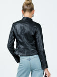 Leather jacket Faux leather material Gold-toned hardware High neck Zip fastening at front