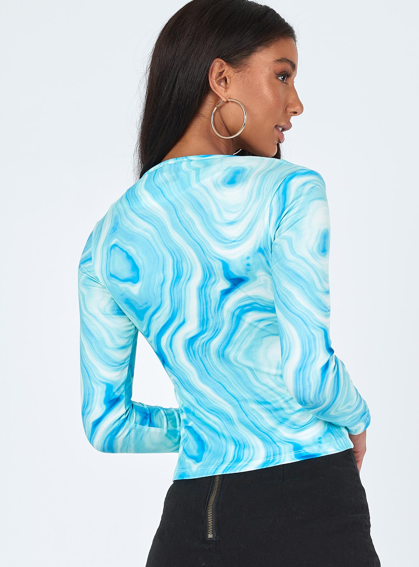 back view of model wearing Princess Polly Danica Long Sleeve Top Blue 