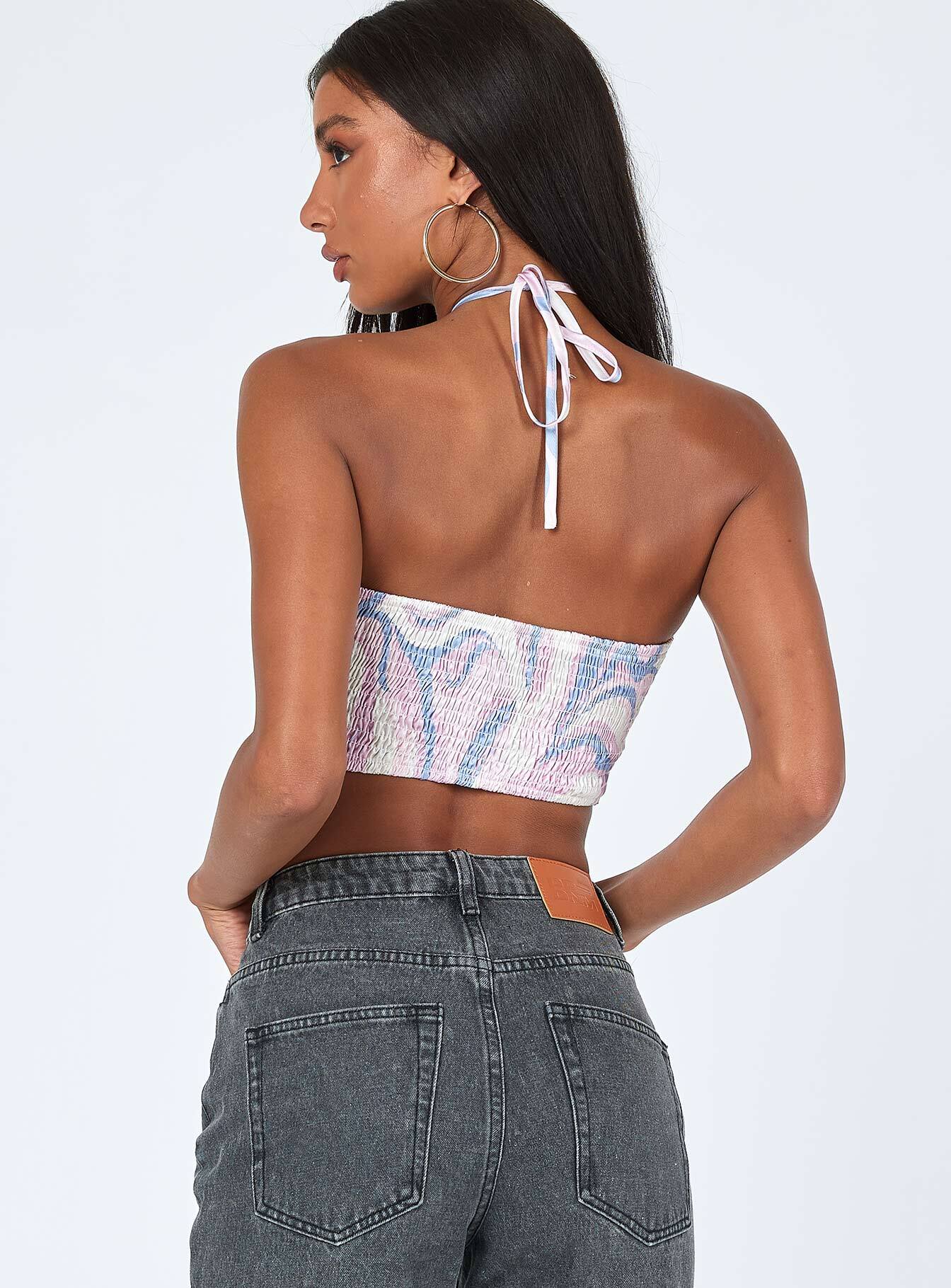 back view of model wearing Princess Polly Hartley Top Pink / Blue 