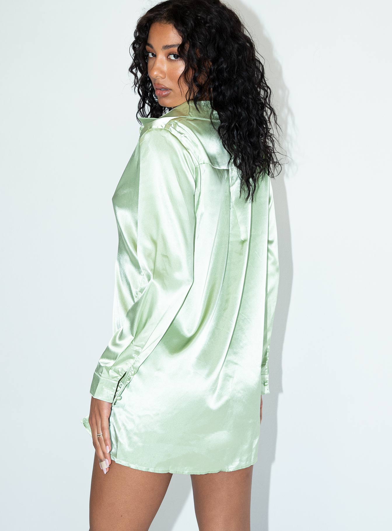 back view of model wearing Princess Polly 90210 Satin Shirt Mini Dress Sage 