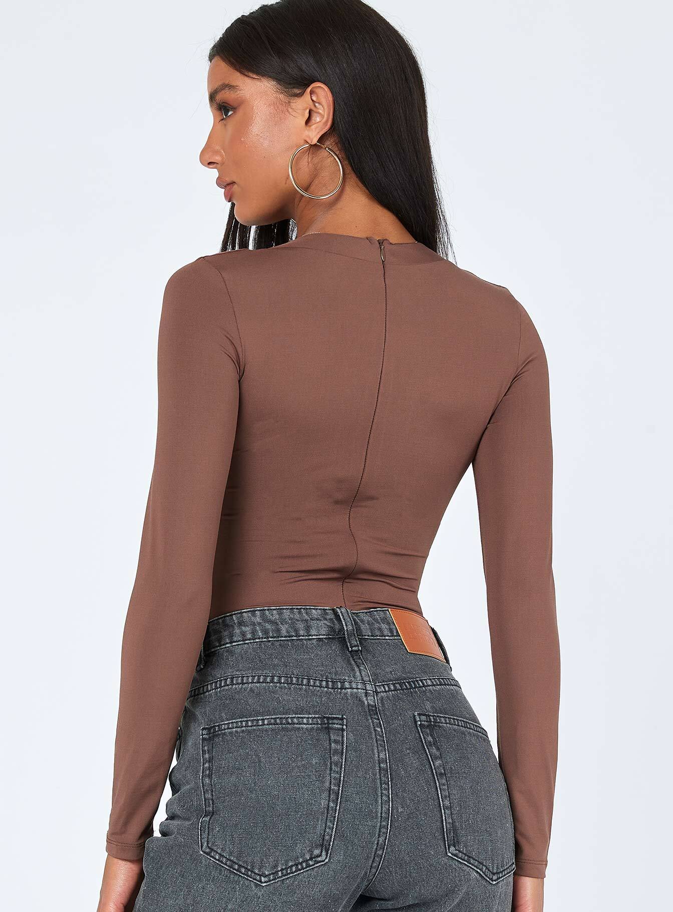 back view of model wearing Princess Polly Valentina Bodysuit Brown Sleeveless Scoop Neck 