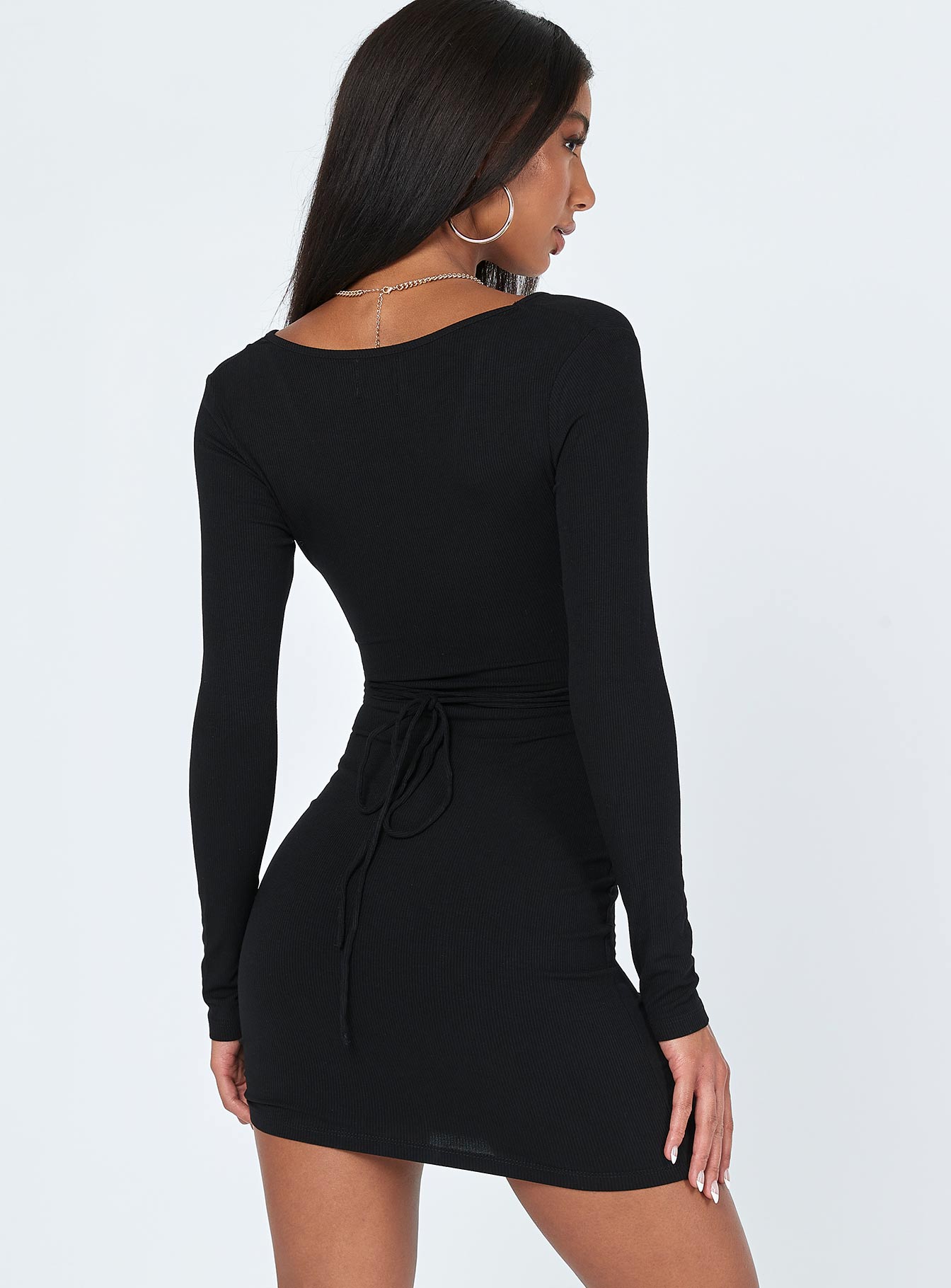 back view of model wearing Princess Polly Noa Mini Dress Black 