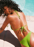 Green bikini top Glitter material Gold hardware Tie fastenings Removable padding Fully lined
