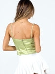 Green crop top Silky material Adjustable shoulder straps Embroidered detailing at bust Wired cups Zip fastening at back