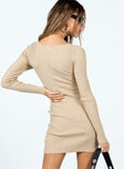 Long sleeve mini dress slim fitting tan colour Ribbed knit material Scoop neckline