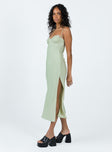 Maxi dress Silky material  Lace trimming  Adjustable shoulder straps  Wired cups  Invisible zip fastening at side  High side slit 
