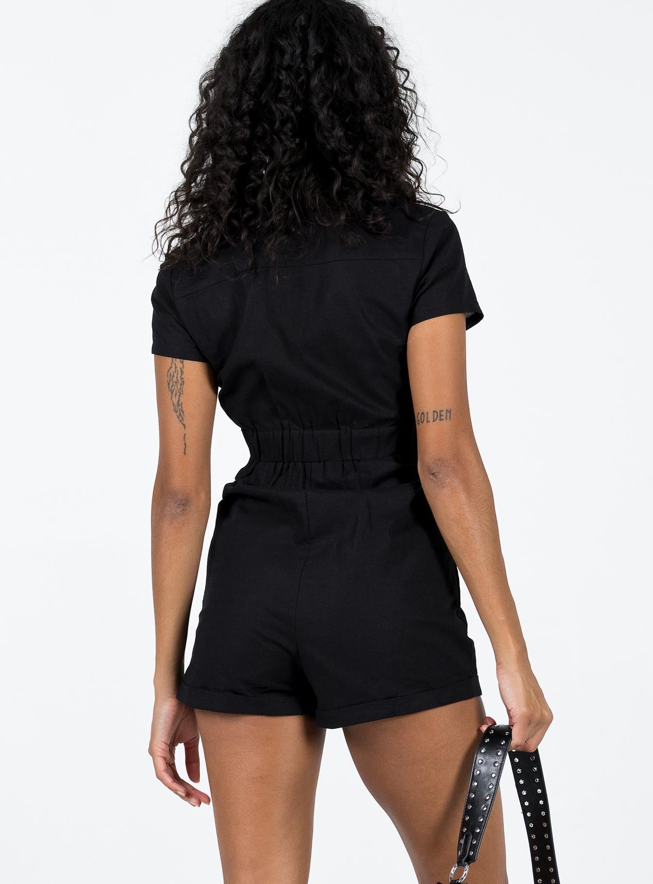 Romper Open collar Zip front fastening Four-pocket design Elasticated band at back Non-stretch Partially lined