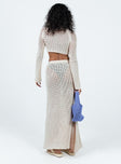 Two piece set Knit material Crop long sleeve top Square neckline Maxi skirt Elasticated waistband Good stretch 