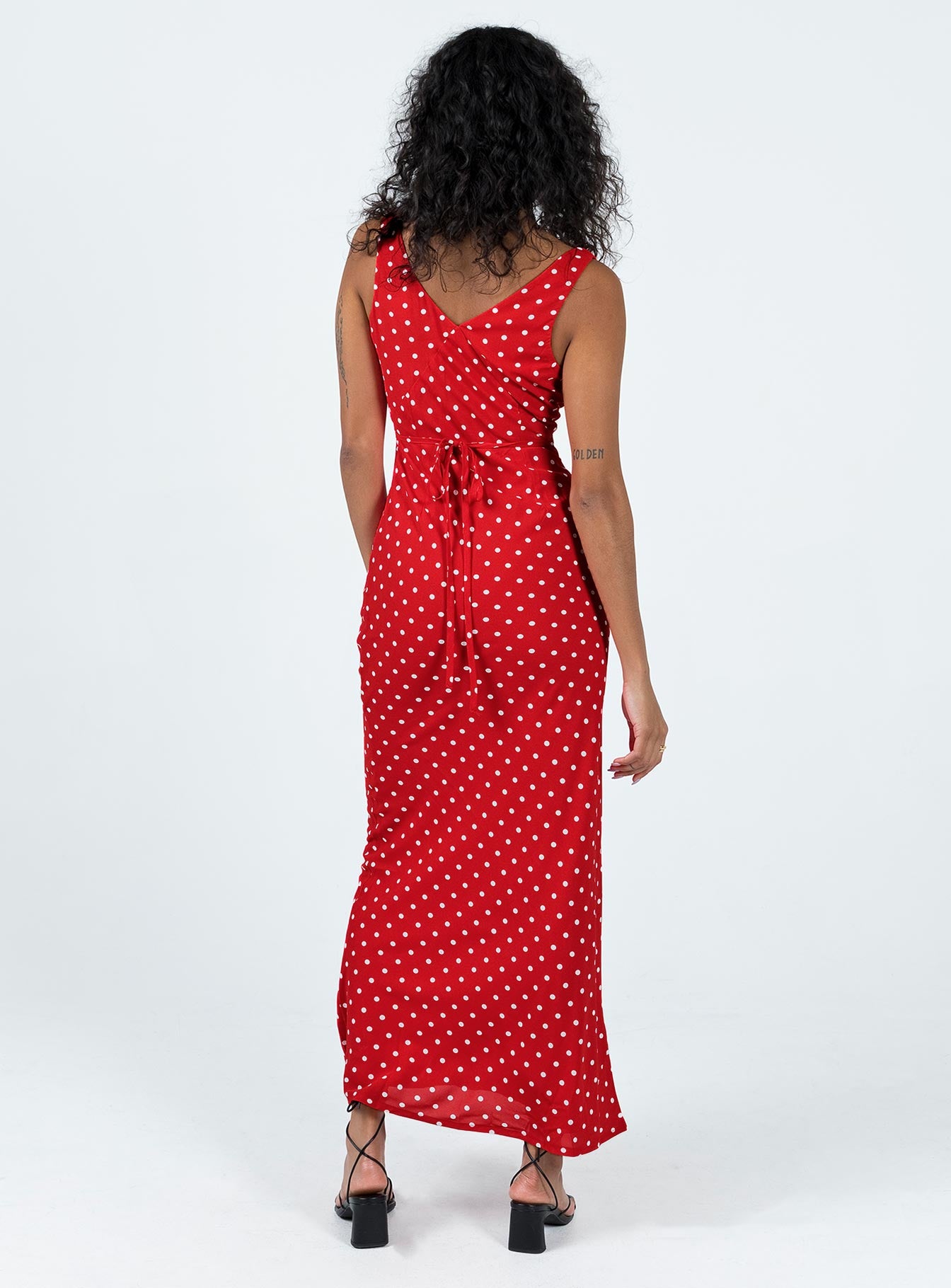 Red polka dot long hot sale dress