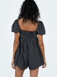 Romper Polka dot print Square neckline  Elasticated puff sleeves Shirred back panel Invisible zip fastening at back  Relaxed leg 