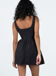 back view of model wearing Princess Polly Lorinda Mini Dress Black Square Neck 