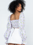 Long sleeve top  100% polyester  Floral print  Can be worn on or off the shoulder  Elasticated shoulders & neckline  Tie fastening at bust  Puff sleeves  Shirred back 