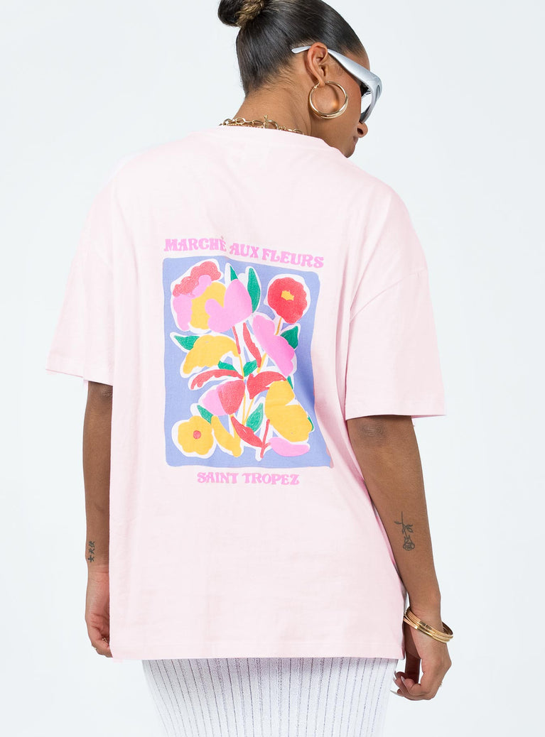 Front view of model wearing  front Princess Polly Half Sleeves Crew Neck  Flower Market Oversized Tee Pink