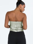Green strapless top Silky material Floral print Inner silicone strip at bust Zip fastening at back