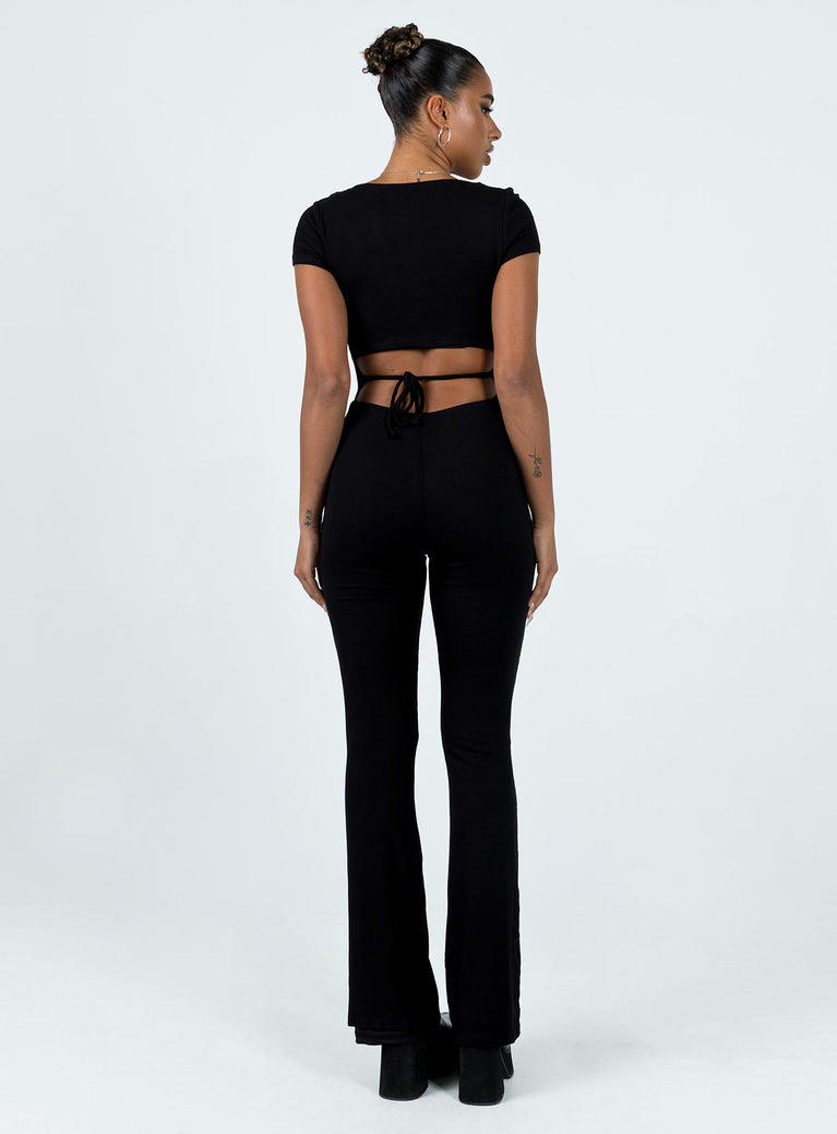 Black Cross Neck Tie Back Rib Jumpsuit