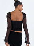 Black long sleeve top Sheer mesh sleeve Inner silicone strip at bust Boning through waist Zip fastening at back