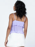 Purple top Sheer textured material  Adjustable shoulder straps  Tie fastening at front Frill detail at bust & back  Lined bust 