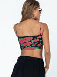 Crop top Mesh material  Floral print  Adjustable shoulder straps  Ruched design 