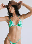 Green bikini top Gingham print  Tie fastenings  Removable padding Fully lined