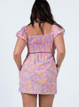 back view of model wearing Princess Polly Nakita Mini Dress Purple Floral 