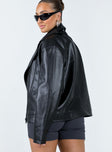 Oversized jacket Faux leather material  Classic collar  Zip front fastening Single hip pockets