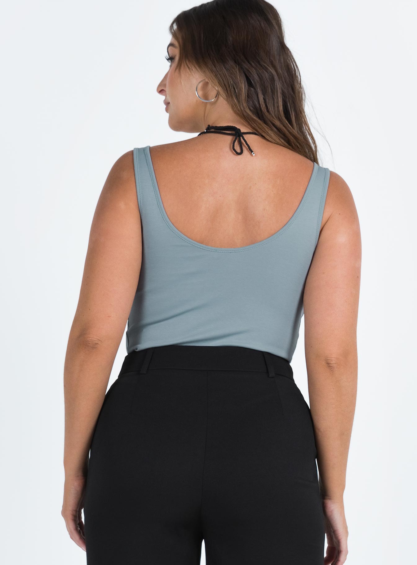 back view of model wearing Princess Polly Wilana Bodysuit Grey Sleeveless Sweetheart 