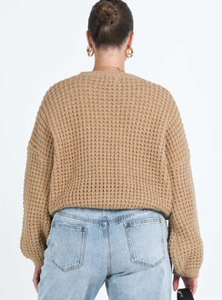 back view of model wearing Princess Polly Calvary Sweater Beige Long 