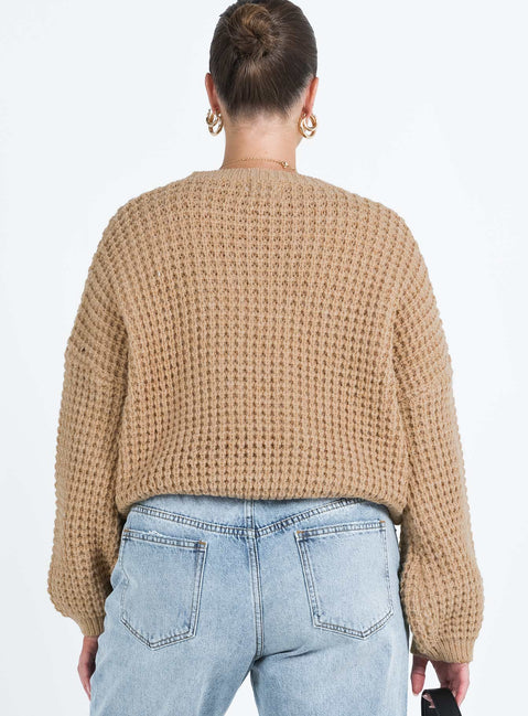 back view of model wearing Princess Polly Calvary Sweater Beige Long 