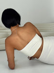 Strapless top Silky material Inner silicone strip at bust Split hem Slight stretch Lined bust