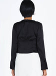 Black long sleeve top Silky material Open front Tie fastening Ruched bust Lace detailing Flared cuff