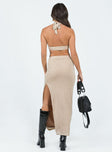 Matching set Crop top Halter neck tie Wired bust Maxi skirt Elasticated waistband Slit at side