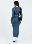 Matching set Long sleeve top Scoop neck Knotted bust & waist Midi skirt