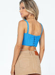 Crop top Crochet material  Sheer design  Fixed shoulder straps  Lace-up back  Good stretch  Unlined 
